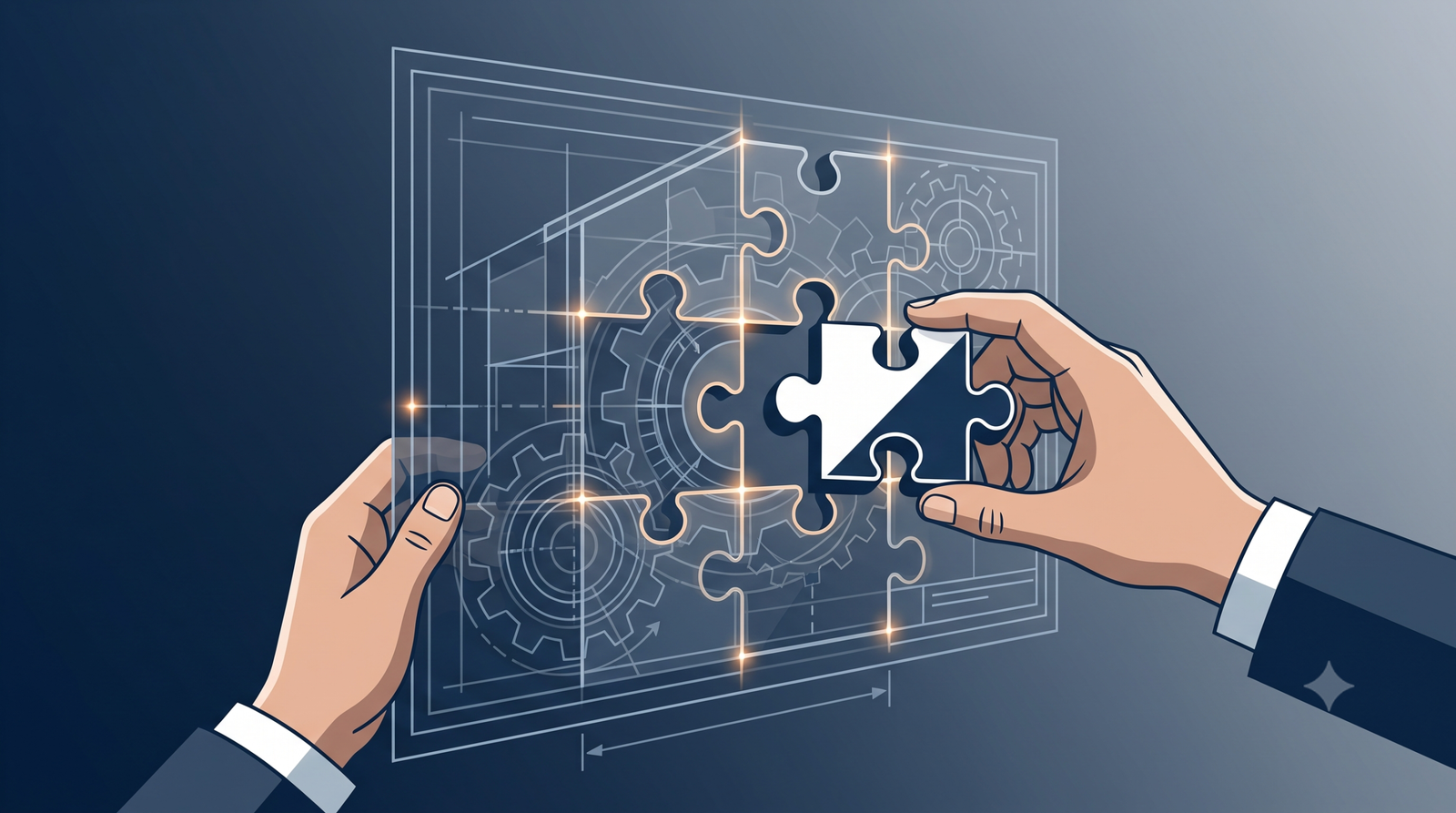 Decorative. image of a hand showing up a stylized puzzle of a digital image with another hand inserting the last piece.